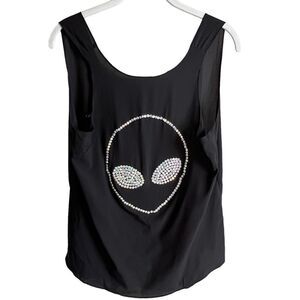 Chandelier Rhinestone Crystal Alien Face Tank Top Womens Medium Blouse Black NWT